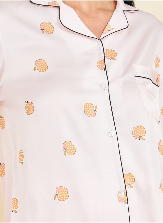 Styli - All Over Peach Print Satin Piped Shirt & Pyjama Set - Image 1