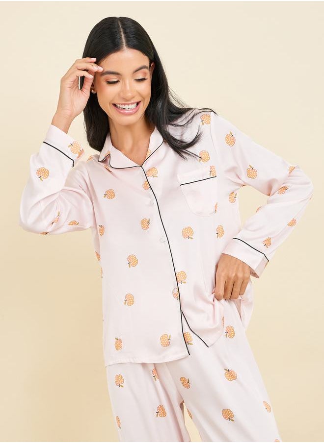 Styli - All Over Peach Print Satin Piped Shirt & Pyjama Set - Image 1
