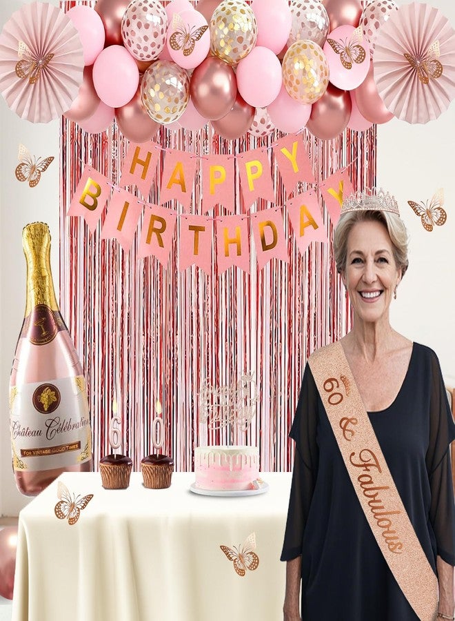 Juesly 60th Birthday Decorations, Rose Gold 60th Birthday Decorations for Women, 60 Sash and Crown, Banner, Fringe Curtains, Hanging Paper Fans, 60 Year Old Party Supplies Set - Image 2