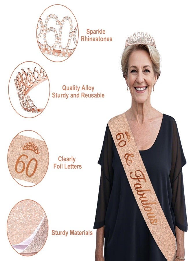Juesly 60th Birthday Decorations, Rose Gold 60th Birthday Decorations for Women, 60 Sash and Crown, Banner, Fringe Curtains, Hanging Paper Fans, 60 Year Old Party Supplies Set - Image 4
