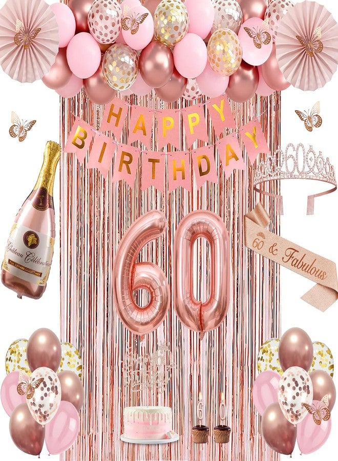 Juesly 60th Birthday Decorations, Rose Gold 60th Birthday Decorations for Women, 60 Sash and Crown, Banner, Fringe Curtains, Hanging Paper Fans, 60 Year Old Party Supplies Set - Image 1
