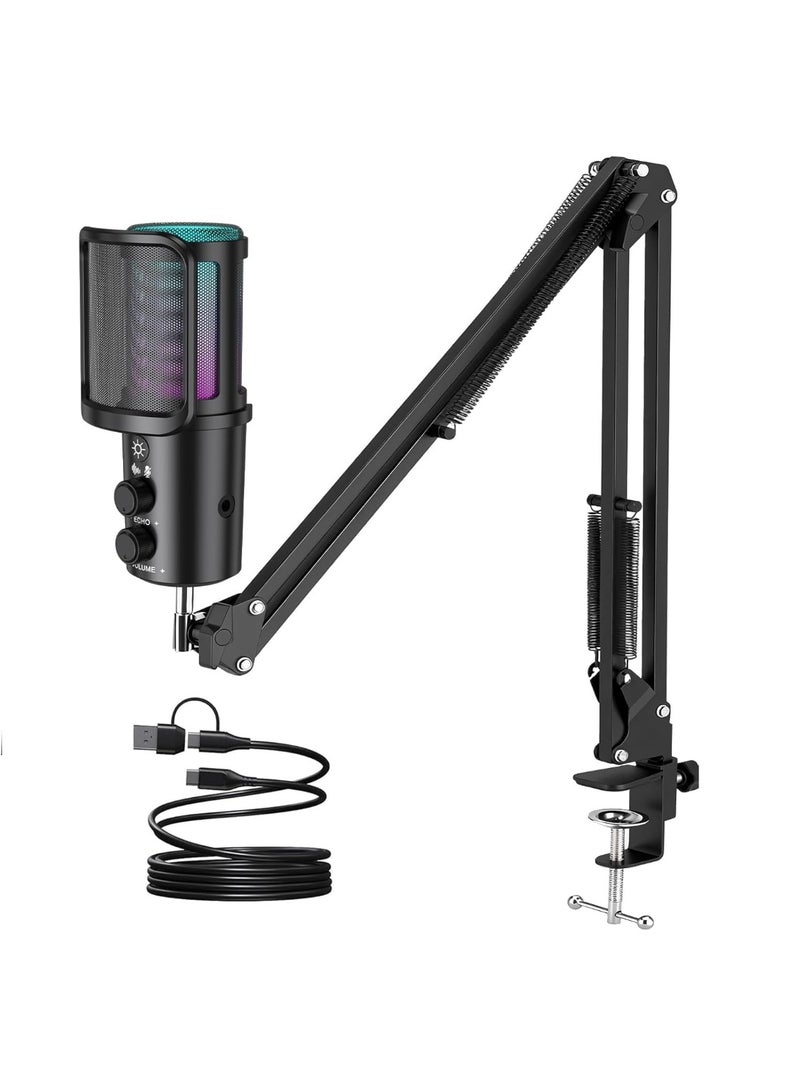 طقم ميكروفون مكثف احترافي USB/Type-C (ميكروفون ألعاب RGB + ذراع حامل + فلتر مضاد للضوضاء + حامل مانع للاهتزاز) - للبث الصوتي، والبث المباشر، وDiscord، والكمبيوتر الشخصي/الهاتف المحمول - Image 1