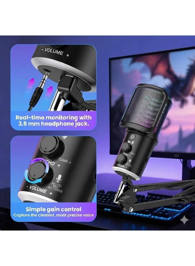 طقم ميكروفون مكثف احترافي USB/Type-C (ميكروفون ألعاب RGB + ذراع حامل + فلتر مضاد للضوضاء + حامل مانع للاهتزاز) - للبث الصوتي، والبث المباشر، وDiscord، والكمبيوتر الشخصي/الهاتف المحمول - Image 2