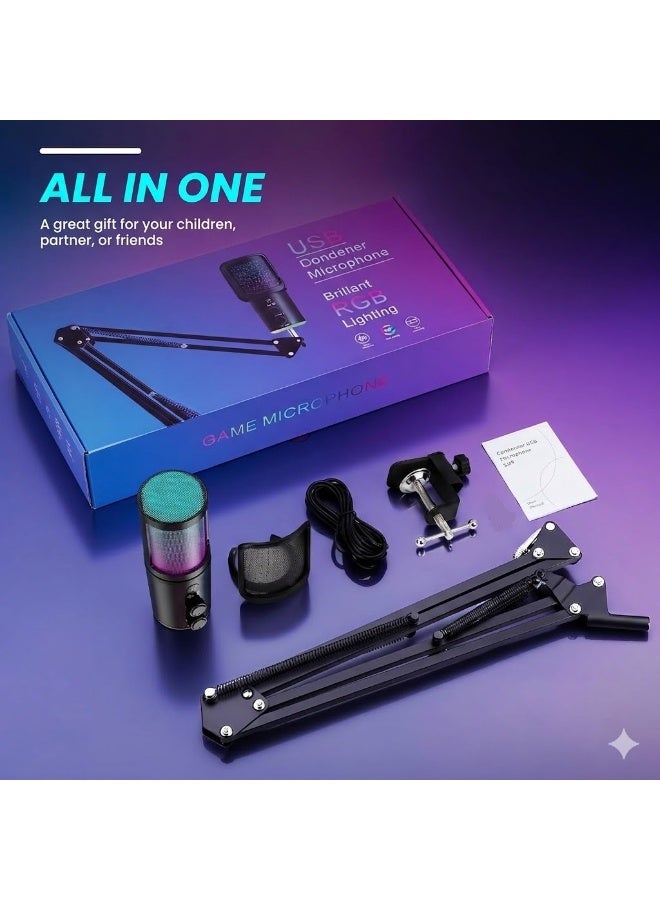 طقم ميكروفون مكثف احترافي USB/Type-C (ميكروفون ألعاب RGB + ذراع حامل + فلتر مضاد للضوضاء + حامل مانع للاهتزاز) - للبث الصوتي، والبث المباشر، وDiscord، والكمبيوتر الشخصي/الهاتف المحمول - Image 4