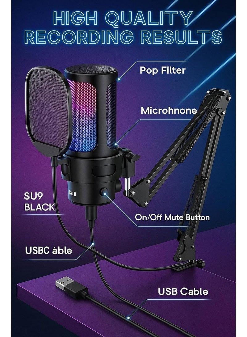 طقم ميكروفون مكثف احترافي USB/Type-C (ميكروفون ألعاب RGB + ذراع حامل + فلتر مضاد للضوضاء + حامل مانع للاهتزاز) - للبث الصوتي، والبث المباشر، وDiscord، والكمبيوتر الشخصي/الهاتف المحمول - Image 3