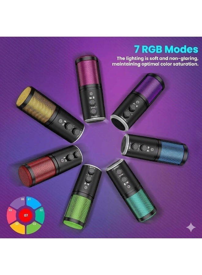 طقم ميكروفون مكثف احترافي USB/Type-C (ميكروفون ألعاب RGB + ذراع حامل + فلتر مضاد للضوضاء + حامل مانع للاهتزاز) - للبث الصوتي، والبث المباشر، وDiscord، والكمبيوتر الشخصي/الهاتف المحمول - Image 5