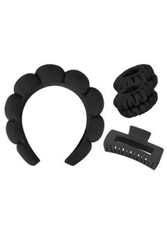 Wecoe Spa Headband And Wristband Set Skincare Headband For Washing Face Hair Claw Clips For Thick Hair Cute Black Puffy Sponge Makeup Headband Bubble Headband Wrist Towels Scrunchies For Women Girls 