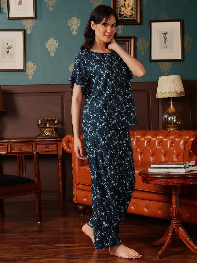 Clovia Women's Cotton Pretty Florals Top & Pyjama Set (LS0534E08_Blue_XL) - Image 2