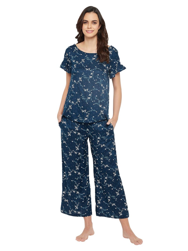 Clovia Women's Cotton Pretty Florals Top & Pyjama Set (LS0534E08_Blue_XL) - Image 1