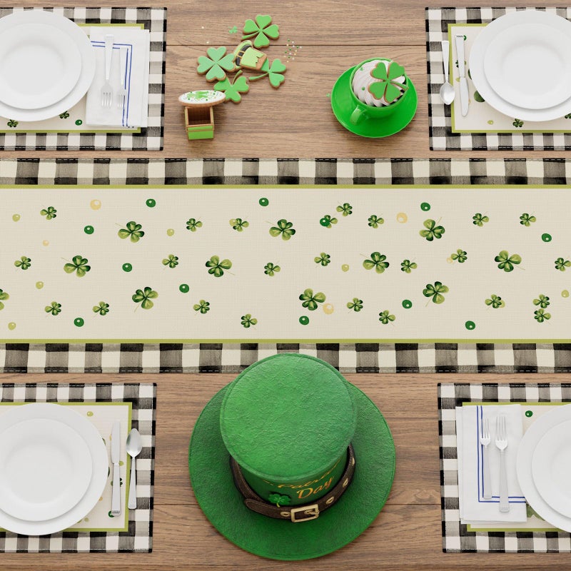 XCHI Watercolor Plaid Green Shamrocks Clovers St. Patrick's Day Table Runner Table Decoration for Party Home Kitchen Dining Holiday Decor 13x72 Inch - Image 4