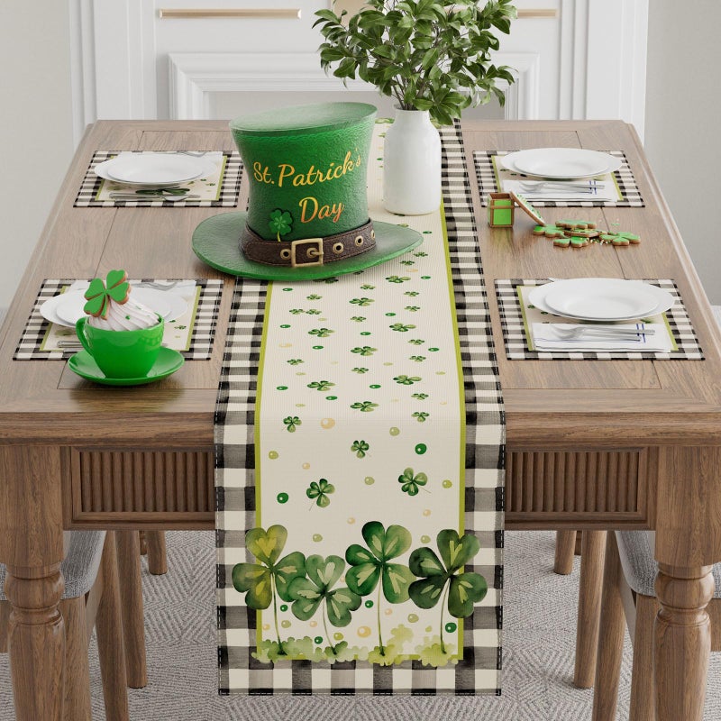 XCHI Watercolor Plaid Green Shamrocks Clovers St. Patrick's Day Table Runner Table Decoration for Party Home Kitchen Dining Holiday Decor 13x72 Inch - Image 2