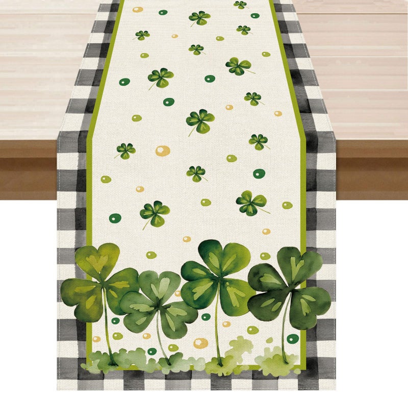 XCHI Watercolor Plaid Green Shamrocks Clovers St. Patrick's Day Table Runner Table Decoration for Party Home Kitchen Dining Holiday Decor 13x72 Inch - Image 1