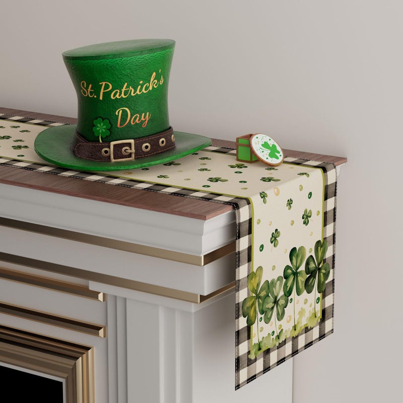 XCHI Watercolor Plaid Green Shamrocks Clovers St. Patrick's Day Table Runner Table Decoration for Party Home Kitchen Dining Holiday Decor 13x72 Inch - Image 3