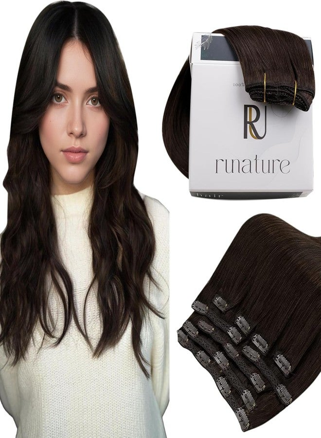 RUNATURE Clip in Hair Extensions Real Human Hair, 14 Inch 120g 7pcs Thick Human Hair Clip in Extensions Brown, Remy Hair Extensions Clip ins, Full Head Tangle Free Hair #2 Dark Brown - Image 1