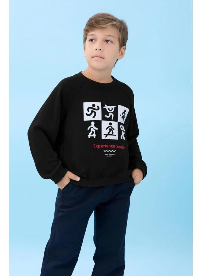 Perendi Boy's Bicycle Collar Seasonal Printed Sweatshirt Black.