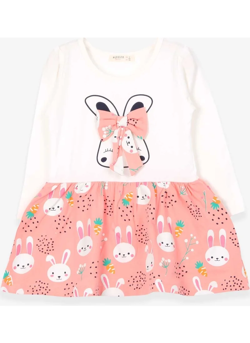 Breeze Girls' Long Sleeve Dress With Bow Rabbit Pattern Ecru (2-6 Years)