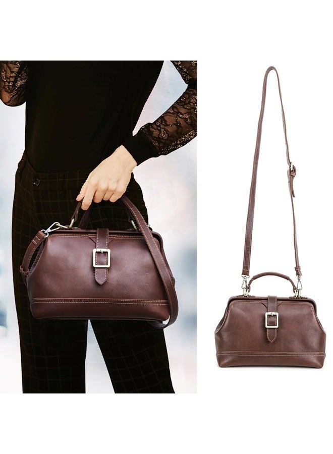 Contacts Doctor Bag for Women Full Grain Leather Top Handle Purse Satchel Handbag Shoulder Bag Vintage Tote Bag with Metal Clasp Frame Opening, Red Brown - Image 2