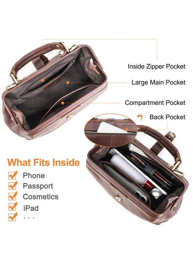 Contacts Doctor Bag for Women Full Grain Leather Top Handle Purse Satchel Handbag Shoulder Bag Vintage Tote Bag with Metal Clasp Frame Opening, Red Brown - Image 4