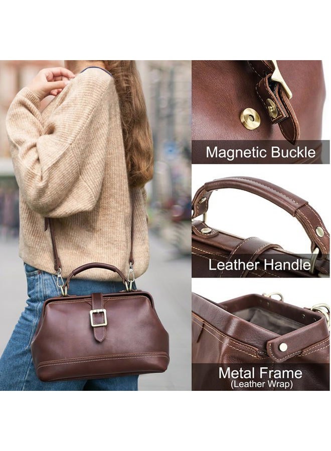 Contacts Doctor Bag for Women Full Grain Leather Top Handle Purse Satchel Handbag Shoulder Bag Vintage Tote Bag with Metal Clasp Frame Opening, Red Brown - Image 3