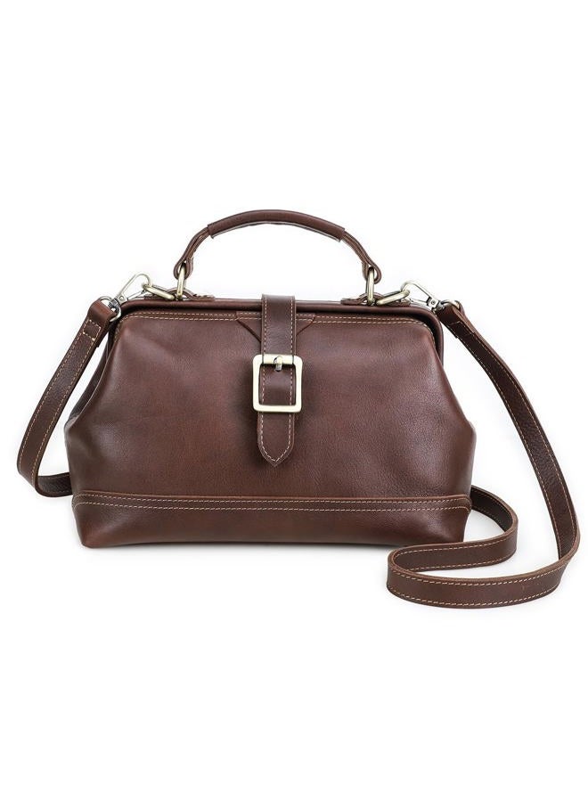 Contacts Doctor Bag for Women Full Grain Leather Top Handle Purse Satchel Handbag Shoulder Bag Vintage Tote Bag with Metal Clasp Frame Opening, Red Brown - Image 1