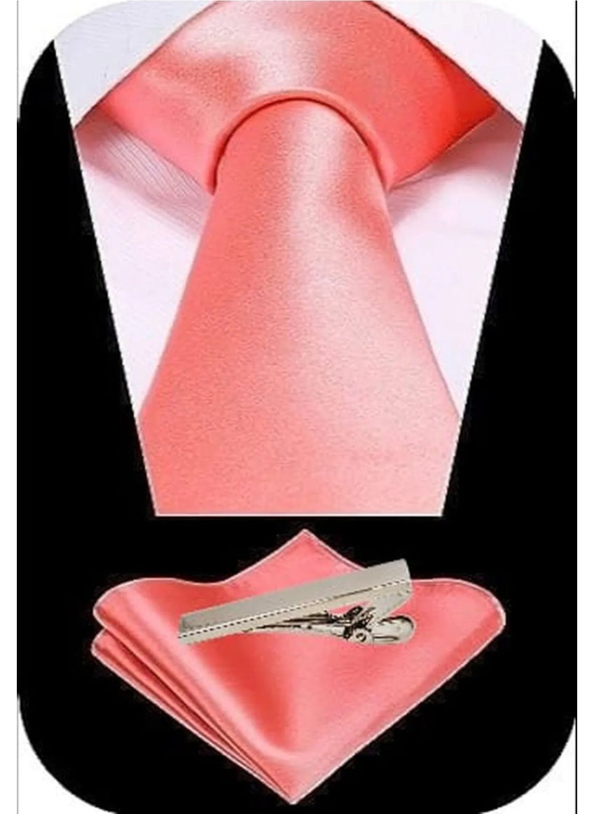 Tezzgelsin Men's Satin Tie Handkerchief and Silver Steel Tie Clip Set  - Image 2