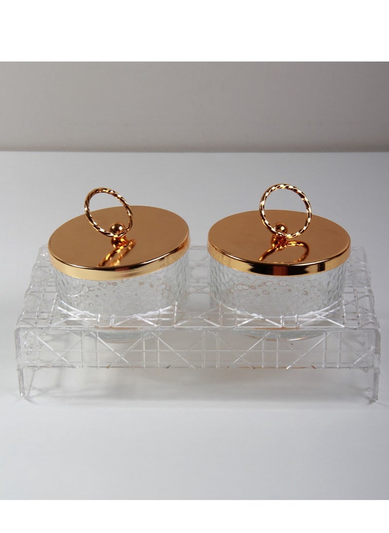 Generic - A stand for sweets and nuts dishes, a transparent surface with a transparent base and a golden cover, a royal touch to your decor. - Image 1