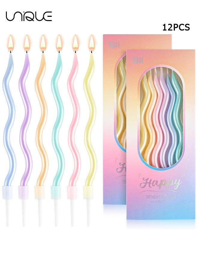Unique 12 Pcs Spiral Cake Candles - Rainbow Birthday Candles with Holders Twisty Metallic Candles for Cake Party Decorations for Birthday Wedding - Image 1