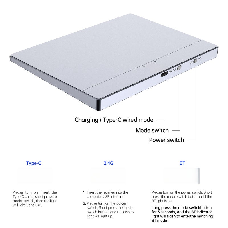 T02 Wired and Wireless Touchpad 2.4G &BT & USB Ultra Slim Tempered Glass Surface Design Portable Trackpad Multi-Touch Navigation   for Desktop Computer Laptop PC User Compatible with Mac / - Image 5