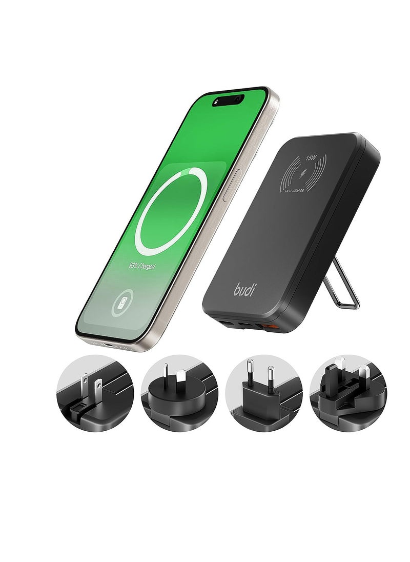 budi 30W Dual USB-C PD and USB QC Magsafe Wireless Charger, Global Travel Charger Budi - Black  - Image 2