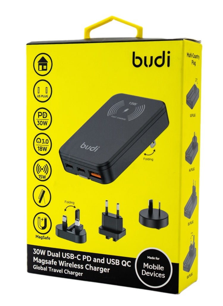 budi 30W Dual USB-C PD and USB QC Magsafe Wireless Charger, Global Travel Charger Budi - Black  - Image 5