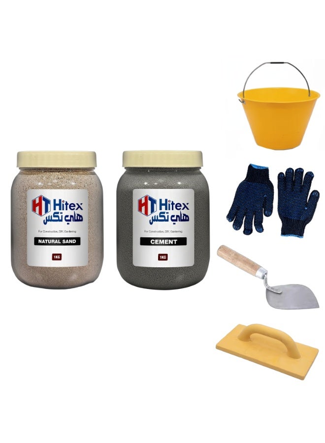هيتكس مجموعة أدوات هيتكس للرمل والأسمنت - تتضمن الأسمنت والرمل الطبيعي ودلو بلاستيكي من البولي فينيل كلوريد وجورمالا وكاراندي وقفازات أمان لليدين - مثالية لإصلاحات المنازل والبناء والبناء والمشاريع المنزلية - 1 كجم - Image 1