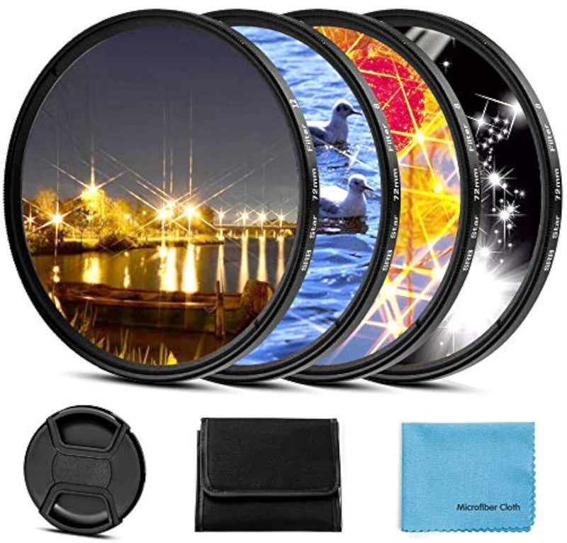 Sedremm 55mm Star Filter 4 Pieces Starburst Lens Filter(4 Points,6 Points,8 Points,12 Points) with Centre Pinch Lens Cap for Canon Nikon Sony Olympus Pentax and Other DSLR Cameras + 4 Slot Filter Pouch - Image 1