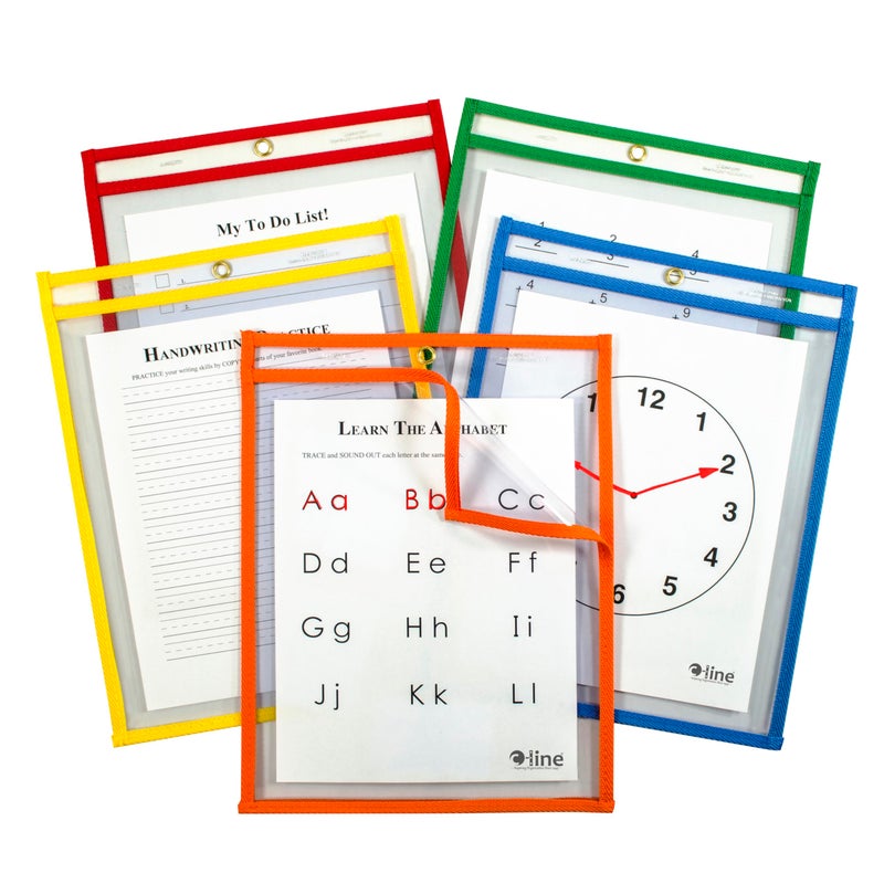 C-Line Super Heavyweight Plus Dry Erase Pockets, Assorted Primary Colors, 9 x 12 Inches Each, Box of 25 Dry Erase Pockets (42620)