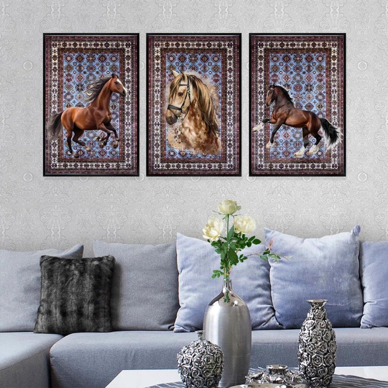 Marktna Three canvas paintings with a horse design and a hollow frame, measuring (90×40), three pieces - Image 3
