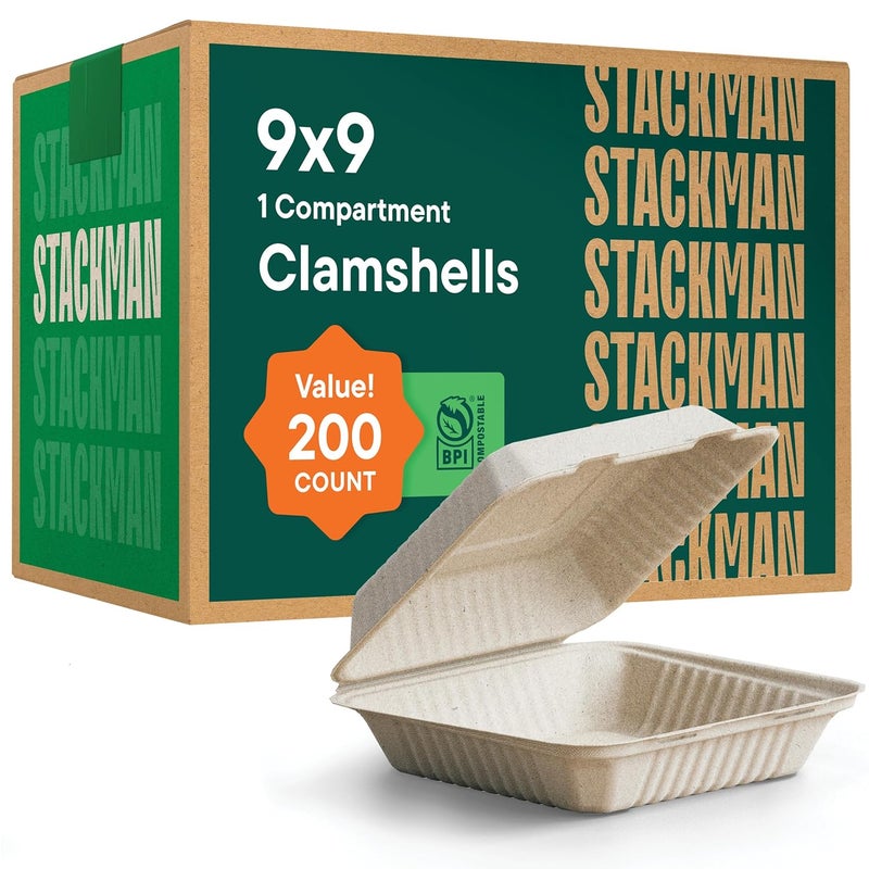 Stack Man [Bulk - 200-Count] 100% Compostable to Go Containers 9x9" Clamshell Take Out Food Container with Hinged Lid - Disposable Togo Plates - Biodegradable Eco-Friendly Takeout Box Made of Sugar Cane Bagasse - Image 1