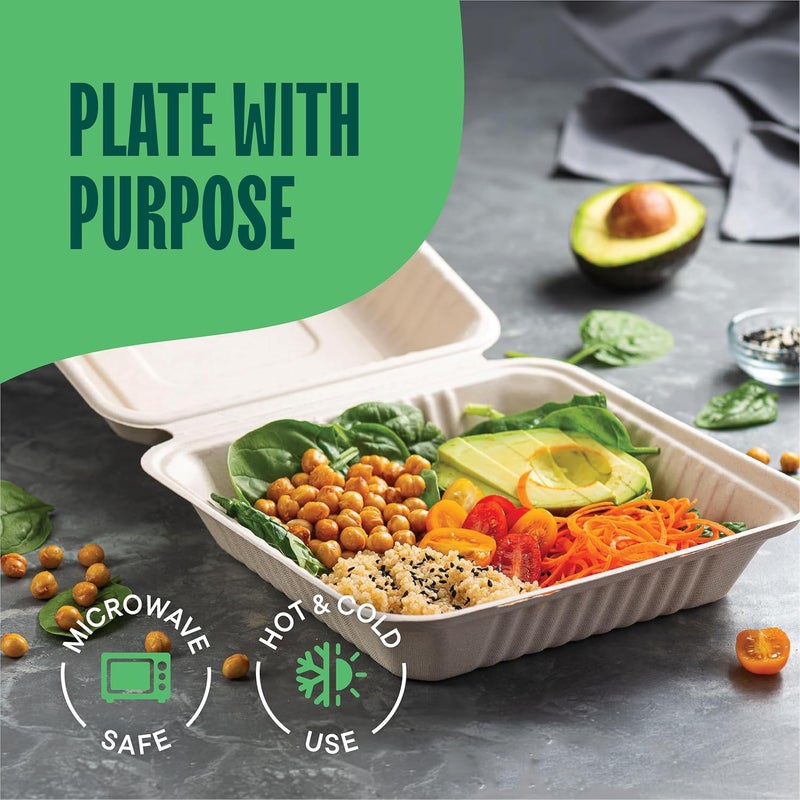 Stack Man [Bulk - 200-Count] 100% Compostable to Go Containers 9x9" Clamshell Take Out Food Container with Hinged Lid - Disposable Togo Plates - Biodegradable Eco-Friendly Takeout Box Made of Sugar Cane Bagasse - Image 3