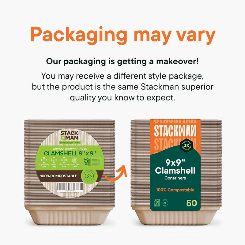 Stack Man [Bulk - 200-Count] 100% Compostable to Go Containers 9x9" Clamshell Take Out Food Container with Hinged Lid - Disposable Togo Plates - Biodegradable Eco-Friendly Takeout Box Made of Sugar Cane Bagasse - Image 5