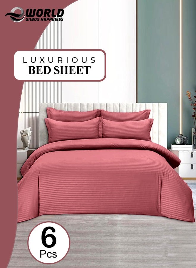 Eworld 6-Piece Premium King Size Bedding Set, Maroon Striped Design and High-Quality Cotton Hotel Luxury Bedsheet Soft Quilt Cover and Pillowcases  - Image 1