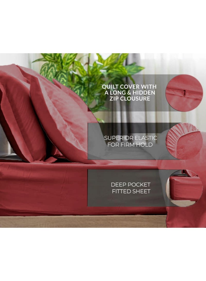 Eworld 6-Piece Premium King Size Bedding Set, Maroon Striped Design and High-Quality Cotton Hotel Luxury Bedsheet Soft Quilt Cover and Pillowcases  - Image 2