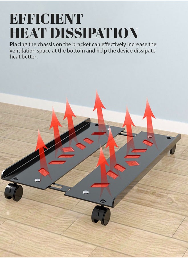 Adjustable Computer Tower Holder, Anti-Slip Mobile CPU Holder, PC Case Stand with Four Wheels, Ventilation and Heat Dissipation, Compatible with All Models