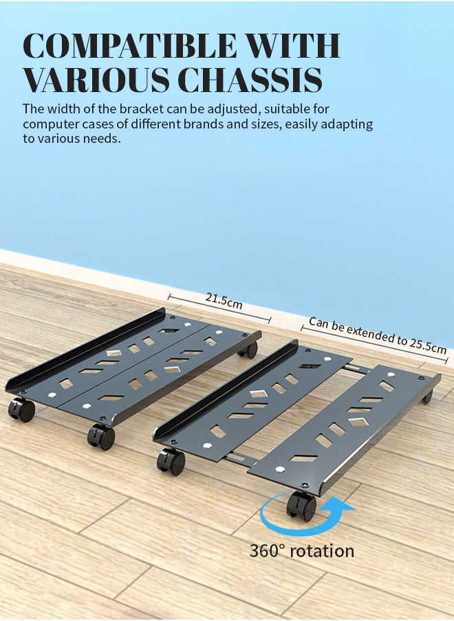 Adjustable Computer Tower Holder, Anti-Slip Mobile CPU Holder, PC Case Stand with Four Wheels, Ventilation and Heat Dissipation, Compatible with All Models