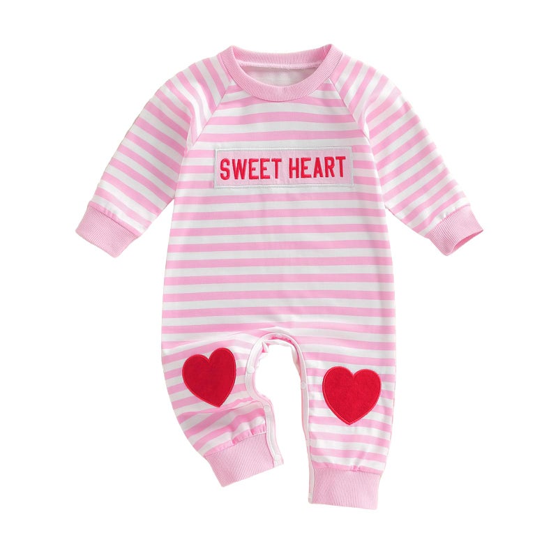 Bonangber Infant Valentines Outfit Girl Sweet Heart Print Stripe Romper Long Sleeve Onesie Jumpsuit Valentines Day Baby Girl Outfit (A-Pink,3-6 Months) - Image 1