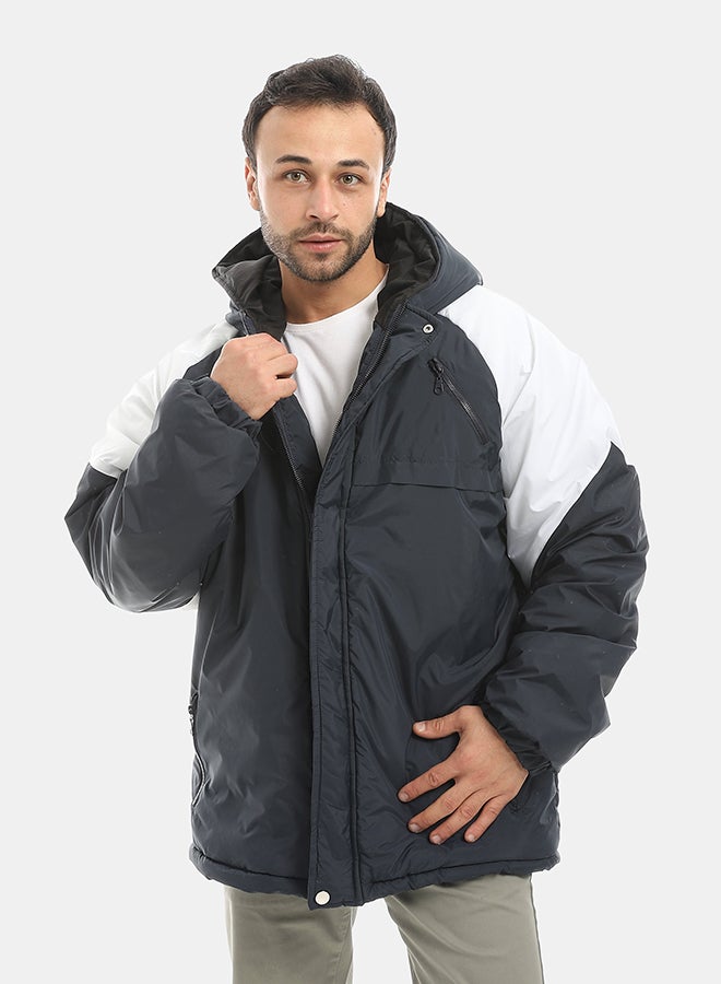 Andora Hooded Waterproof Zipper Closure Jacket-Navy & White - Image 1