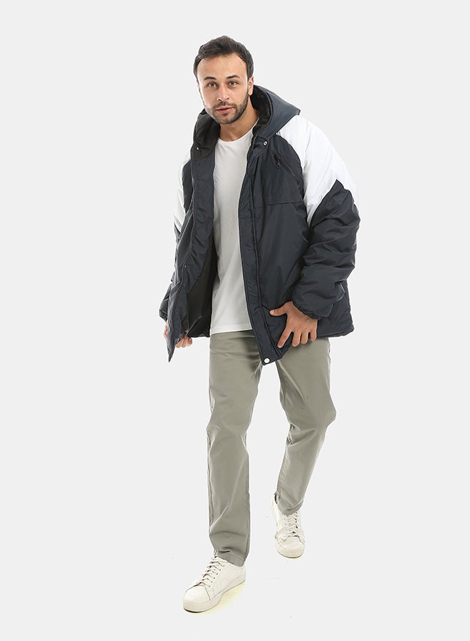 Andora Hooded Waterproof Zipper Closure Jacket-Navy & White - Image 5