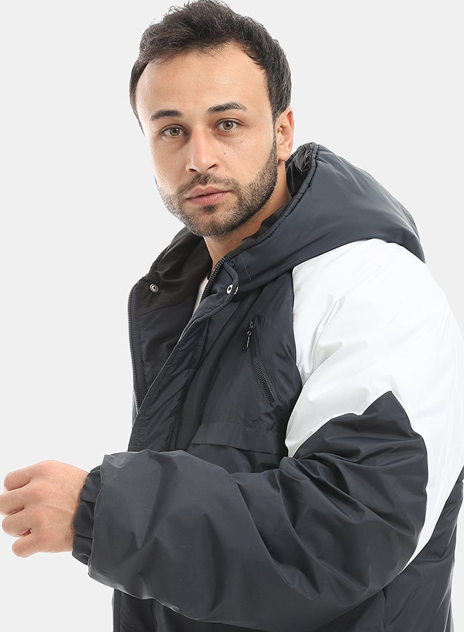 Andora Hooded Waterproof Zipper Closure Jacket-Navy & White - Image 4