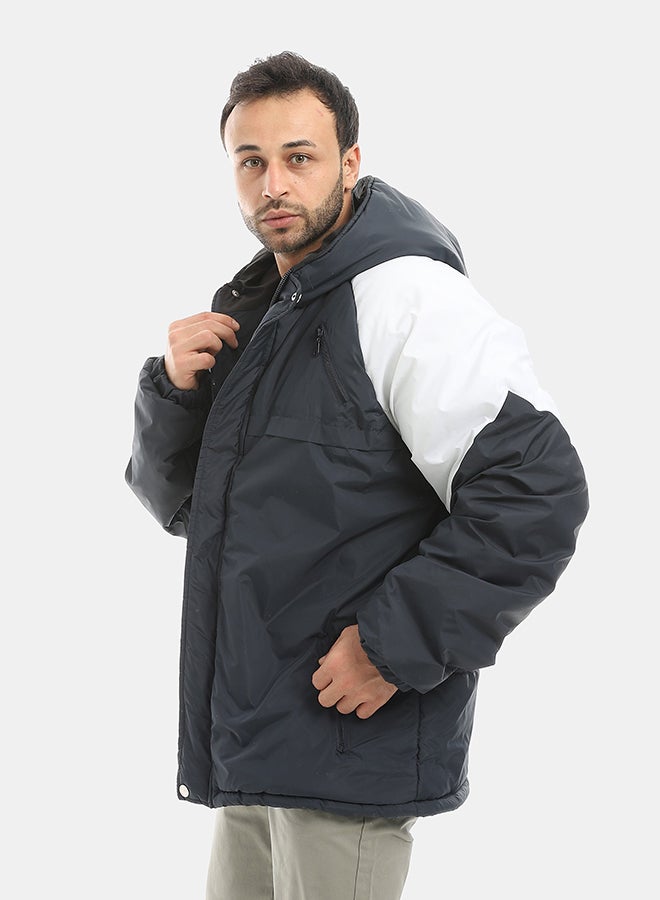 Andora Hooded Waterproof Zipper Closure Jacket-Navy & White - Image 2