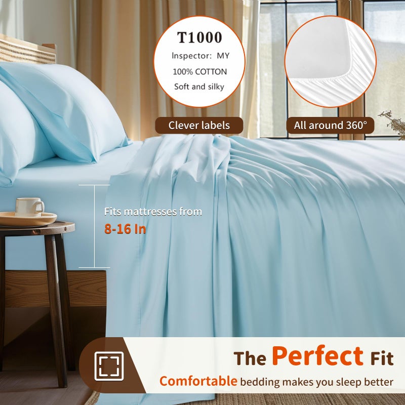 LBRO2M 1000 Thread Count 100 ٪ صفائح قطنية مصرية محددة الحجم الكامل 4 مجموعات ورقة السرير ورقة الجيب العميقة 16 "" ناعم مريح طوال الموسم (الأزرق الفاتح الكامل) - Image 3