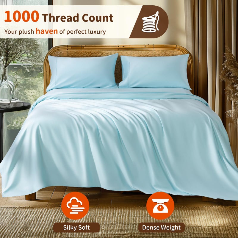 LBRO2M 1000 Thread Count 100 ٪ صفائح قطنية مصرية محددة الحجم الكامل 4 مجموعات ورقة السرير ورقة الجيب العميقة 16 "" ناعم مريح طوال الموسم (الأزرق الفاتح الكامل) - Image 2