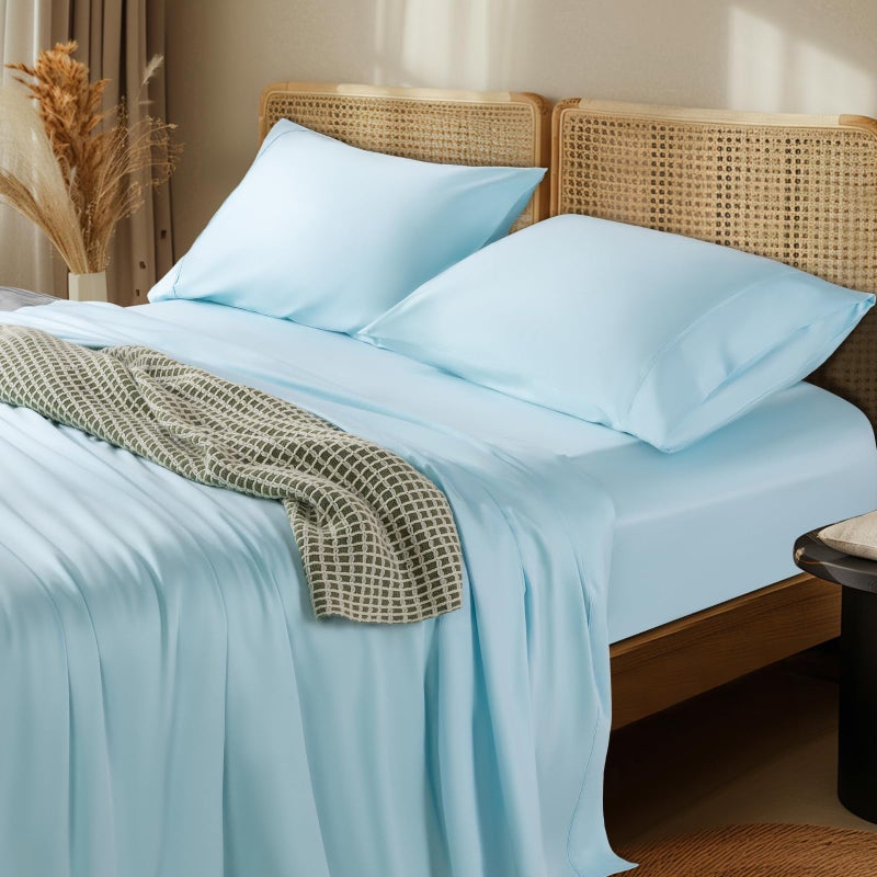 LBRO2M 1000 Thread Count 100 ٪ صفائح قطنية مصرية محددة الحجم الكامل 4 مجموعات ورقة السرير ورقة الجيب العميقة 16 "" ناعم مريح طوال الموسم (الأزرق الفاتح الكامل) - Image 1