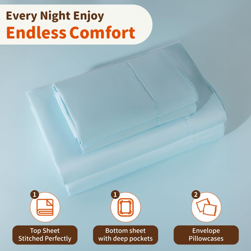 LBRO2M 1000 Thread Count 100 ٪ صفائح قطنية مصرية محددة الحجم الكامل 4 مجموعات ورقة السرير ورقة الجيب العميقة 16 "" ناعم مريح طوال الموسم (الأزرق الفاتح الكامل) - Image 5